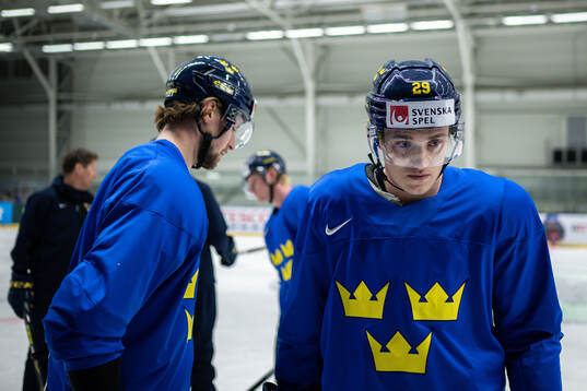 Adrian Kempe and Lucas Raymond of Sweden at a practice
