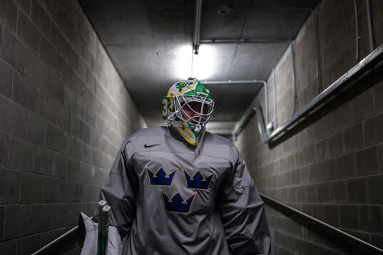 Goaltender Filip Gustavsson of Sweden at a practice session