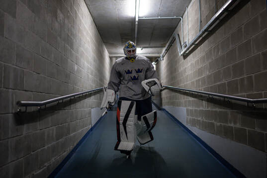Goaltender goaltender Samuel Ersson of Sweden at a practice