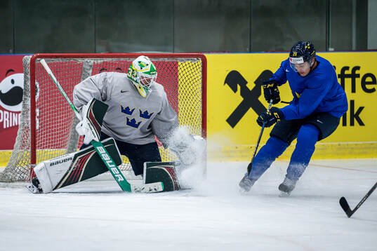 Goaltender Filip Gustavsson of Sweden at a practice session