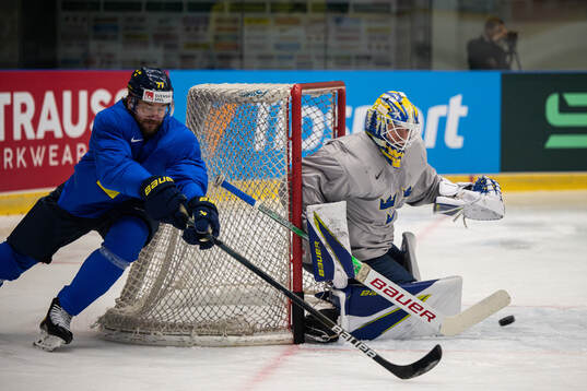 Victor Hedman and goaltender Jesper Wallstedt of Sweden at