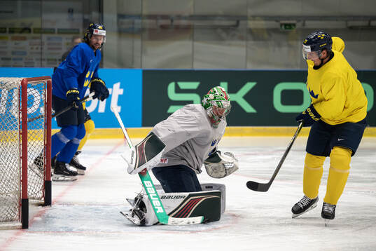 Goaltender Filip Gustavsson of Sweden at a practice session