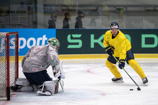 Goaltender Filip Gustavsson and Isac Lundeström of Sweden