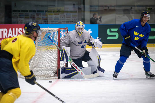 Goaltender Jesper Wallstedt of Sweden at a practice session