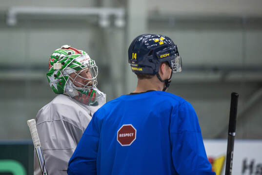 Goaltender Filip Gustavsson and Joel Eriksson Ek of Sweden
