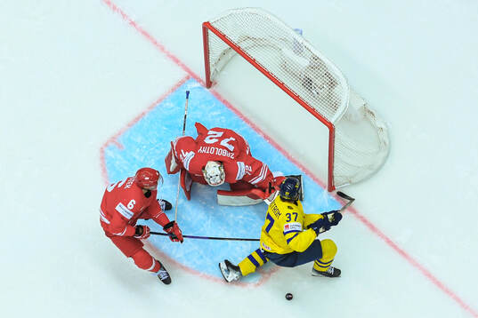 Arkadiusz Kostek and goaltender David Zabolotny of Poland