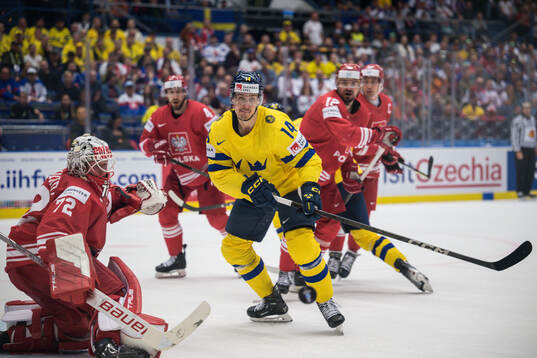 Goaltender David Zabolotny of Poland and Joel Eriksson Ek