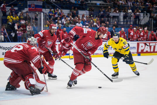 Goaltender David Zabolotny and Maciej Kruczek of Poland