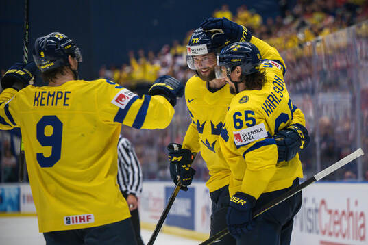 Adrian Kempe, Victor Hedman and Erik Karlsson of Sweden