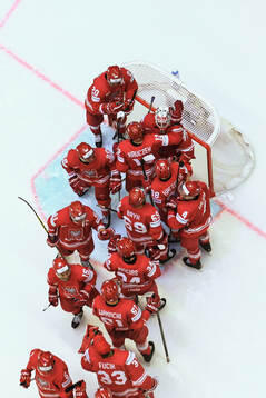 Goaltender David Zabolotny of Poland is embraced by