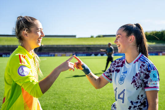 Goalkeeper Laia and Lua Calo of Spain celebrate