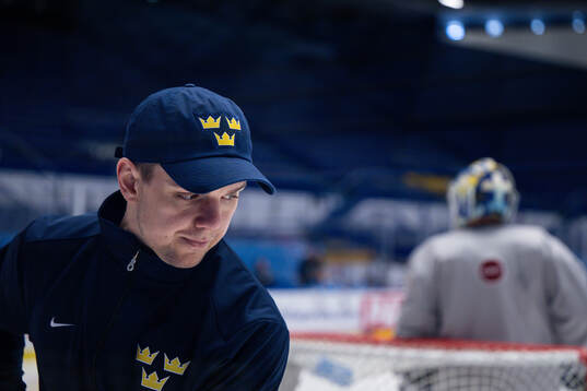 Goaltender coach Anthon Hansson of Sweden at a practice