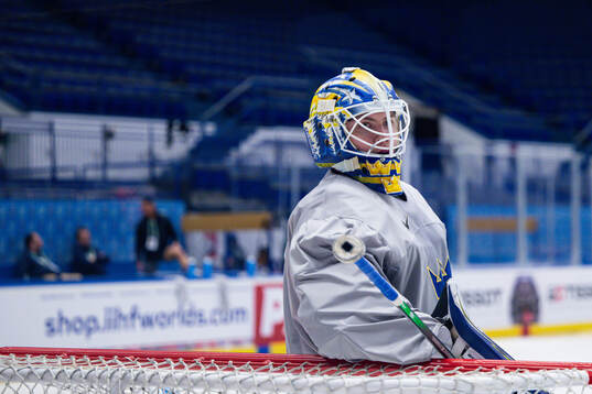 Goaltender Jesper Wallstedt of Sweden at a practice session