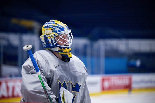 Goaltender Jesper Wallstedt of Sweden at a practice session