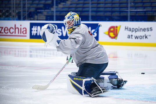 Goaltender Jesper Wallstedt of Sweden at a practice session