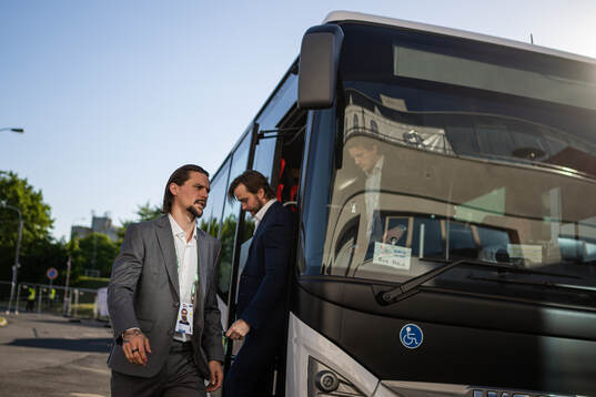 Victor Hedman and Erik Karlsson of Sweden arrive to the