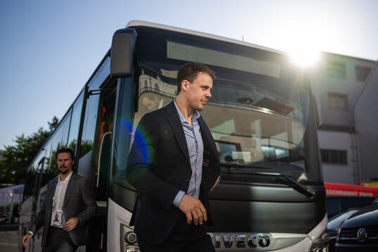Erik Karlsson and Joel Eriksson Ek of Sweden arrive to the
