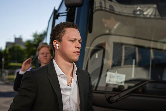 Rasmus Dahlin and Lucas Raymond of Sweden arrive to the