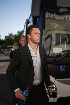 Rasmus Dahlin and Lucas Raymond of Sweden arrive to the
