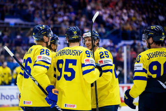 André Burakovsky, Rasmus Dahlin and Jonas Brodin of Sweden