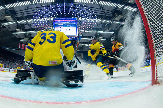 Goaltender Samuel Ersson and Isac Lundeström of Sweden