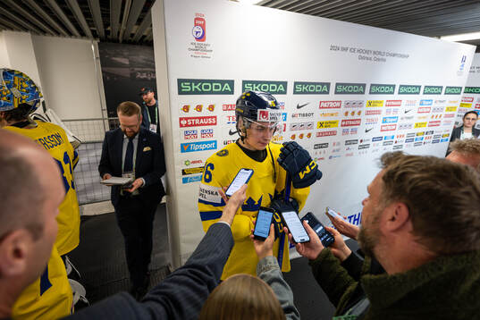 Felix Unger Sörum of Sweden speaks with media