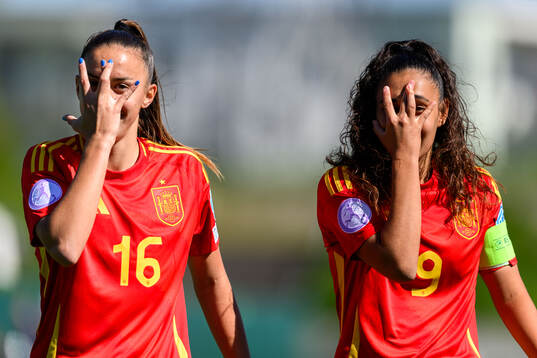 Clara Serrajordi and Celia Segura of Spain celebrate