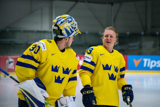 Goaltender Jesper Wallstedt and Fabian Zetterlund of Sweden