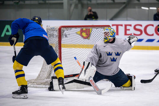 Goaltender Samuel Ersson of Sweden at a practice session