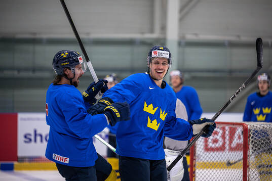 Erik Karlsson and Joel Eriksson Ek of Sweden at a practice