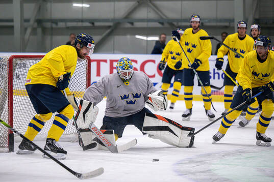 Goaltender Samuel Ersson of Sweden at a practice session