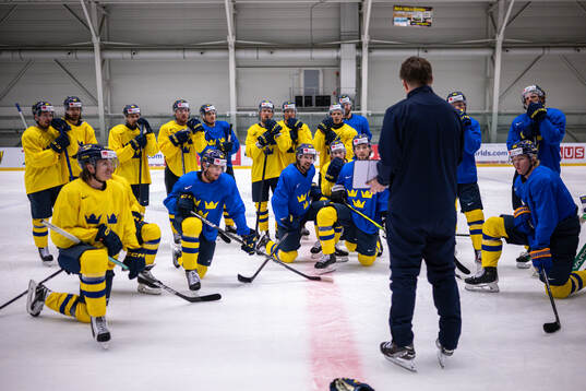 Players of Sweden gather around assistant coach Stefan