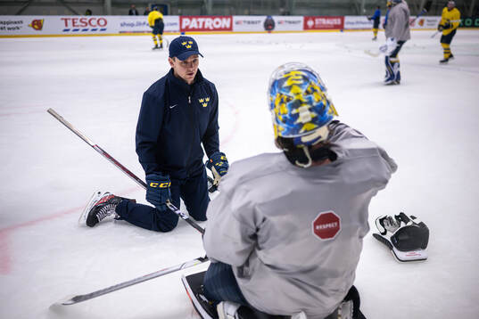Goaltender coach Anthon Hansson of Sweden at a practice