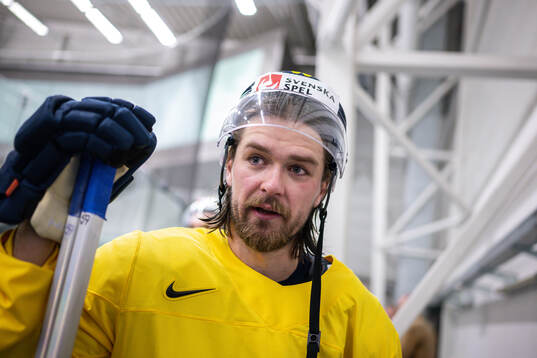 Linus Johansson of Sweden speaks with media