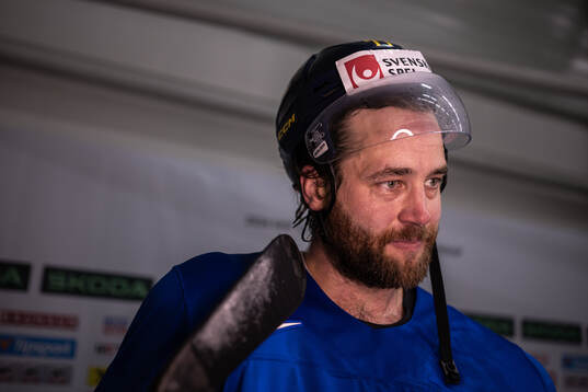 Victor Hedman of Sweden speaks with media