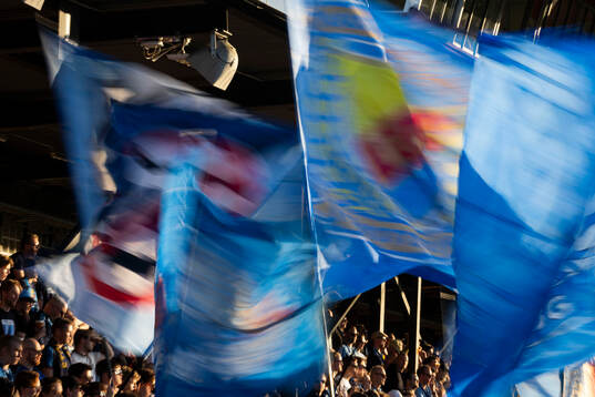 Djurgårdens supportrar med flaggor