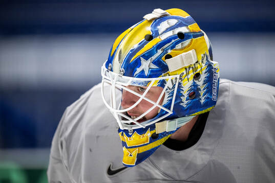 Goaltender Jesper Wallstedt of Sweden at a practice session
