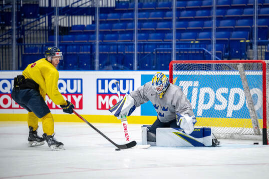 Max Friberg and goaltender Jesper Wallstedt of Sweden at a