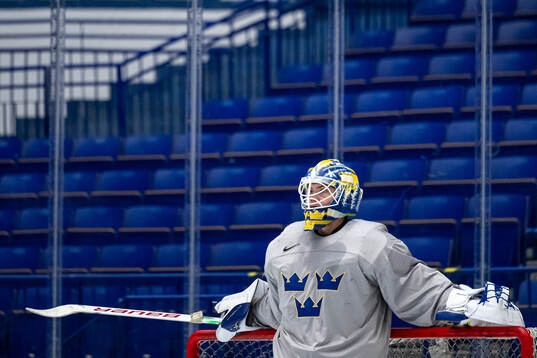 Goaltender Jesper Wallstedt of Sweden at a practice session