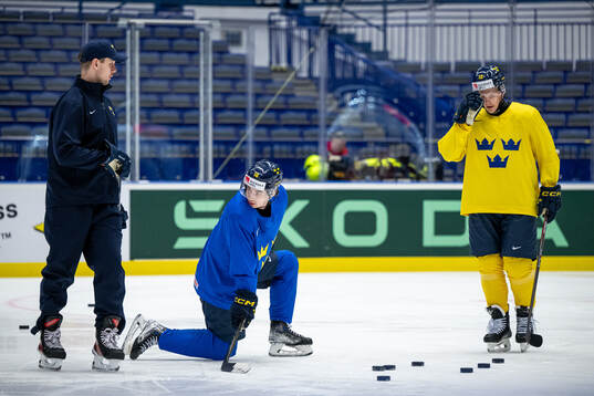 Goaltender coach Anthon Hansson, Felix Unger Sörum and Max