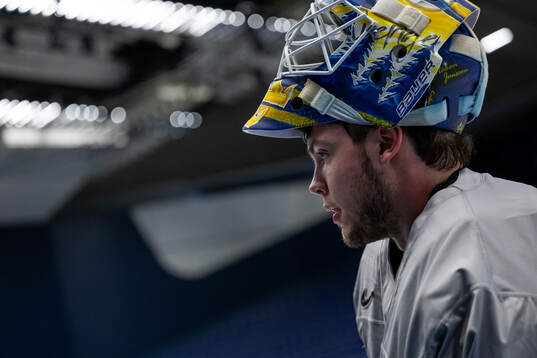 Goaltender Jesper Wallstedt of Sweden at a practice session