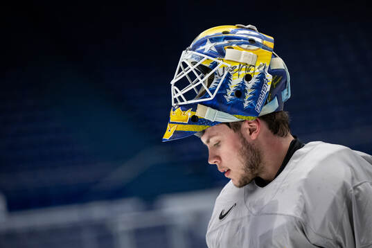 Goaltender Jesper Wallstedt of Sweden at a practice session