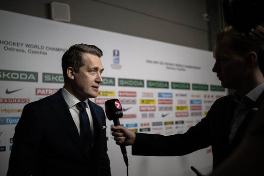 Head coach Sam Hallam of Sweden is interviewed by Swedish