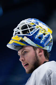 Goaltender Jesper Wallstedt of Sweden at a practice session