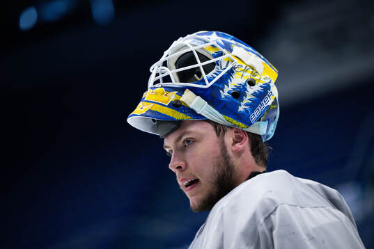 Goaltender Jesper Wallstedt of Sweden at a practice session