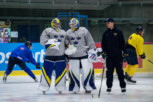 Goaltenders Filip Gustavsson and Jesper Wallstedt with