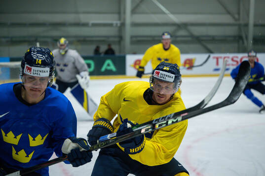 Joel Eriksson Ek and Jonas Brodin of Sweden at a practice