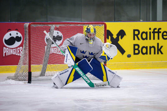 Goaltender Filip Gustavsson of Sweden at a practice session