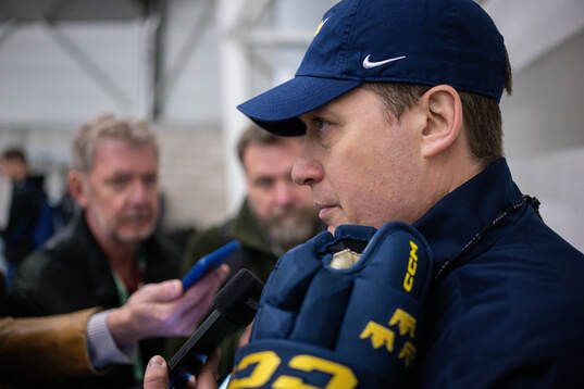 Head coach Sam Hallam of Sweden speaks with media