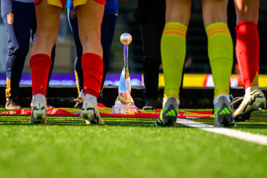 Players of Spain dancing around the trophy